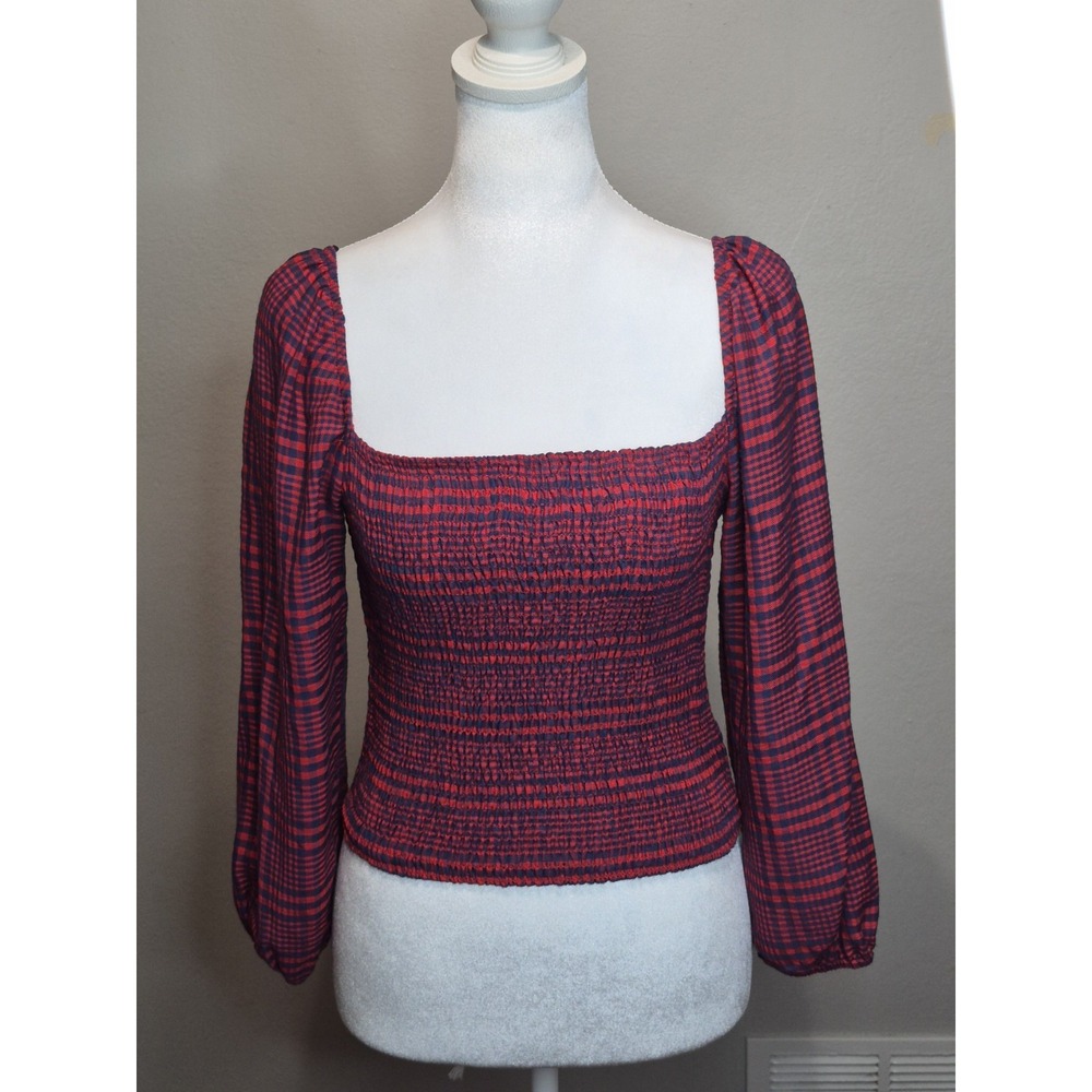 Abercrombie & Fitch Crop Top Womens Small Blue Red Smocked Ruffle Blouse Preppy